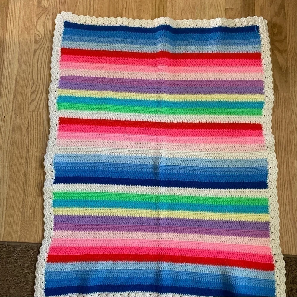 Vintage Rainbow Stripe Baby Blanket Hand Knit Crochet Kids Red Pink Blue Green